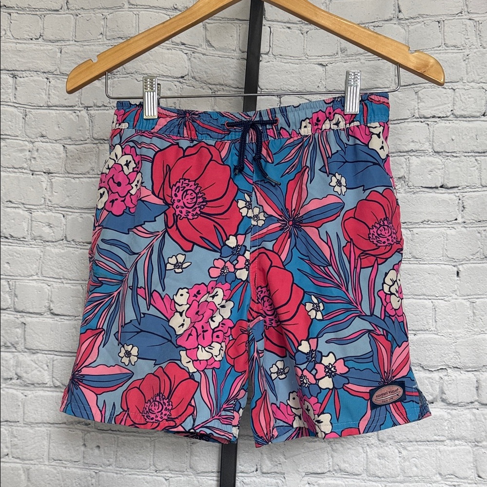 Vineyard Vines Boys Floral Swim Trunks — Blue & Pink size small